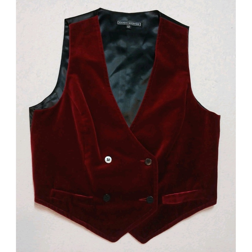 VTG 90s Randy Kemper Burgundy Cotton Velvet Double Breasted Tuxedo Vest 12 USA